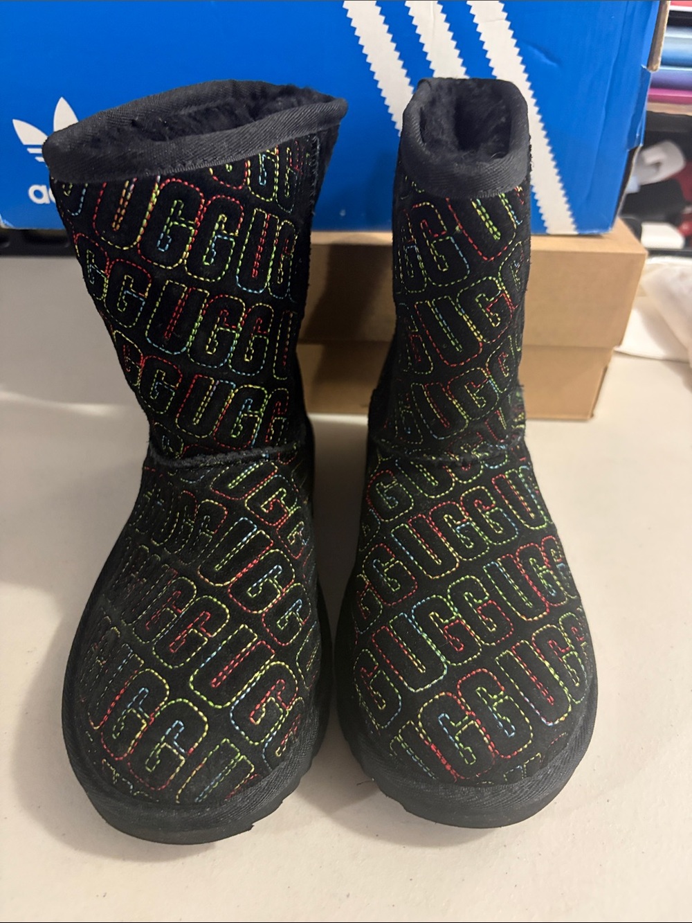 Ugg Black Boots with Multicolor Logo Stitching Brand New Without Box
